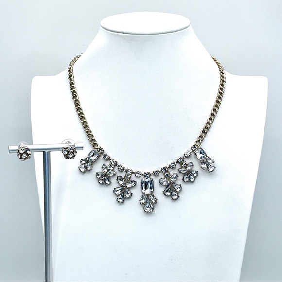 Sparkling Floral Rhinestone+Gold Statement Necklace & Rhinestone Ball Earrings - Picture 2 of 5